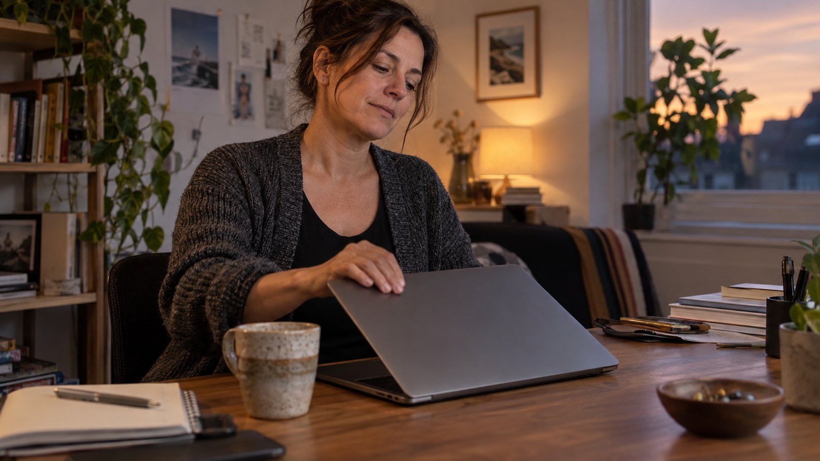 A woman closes a laptop at the end of a workday in a home office.