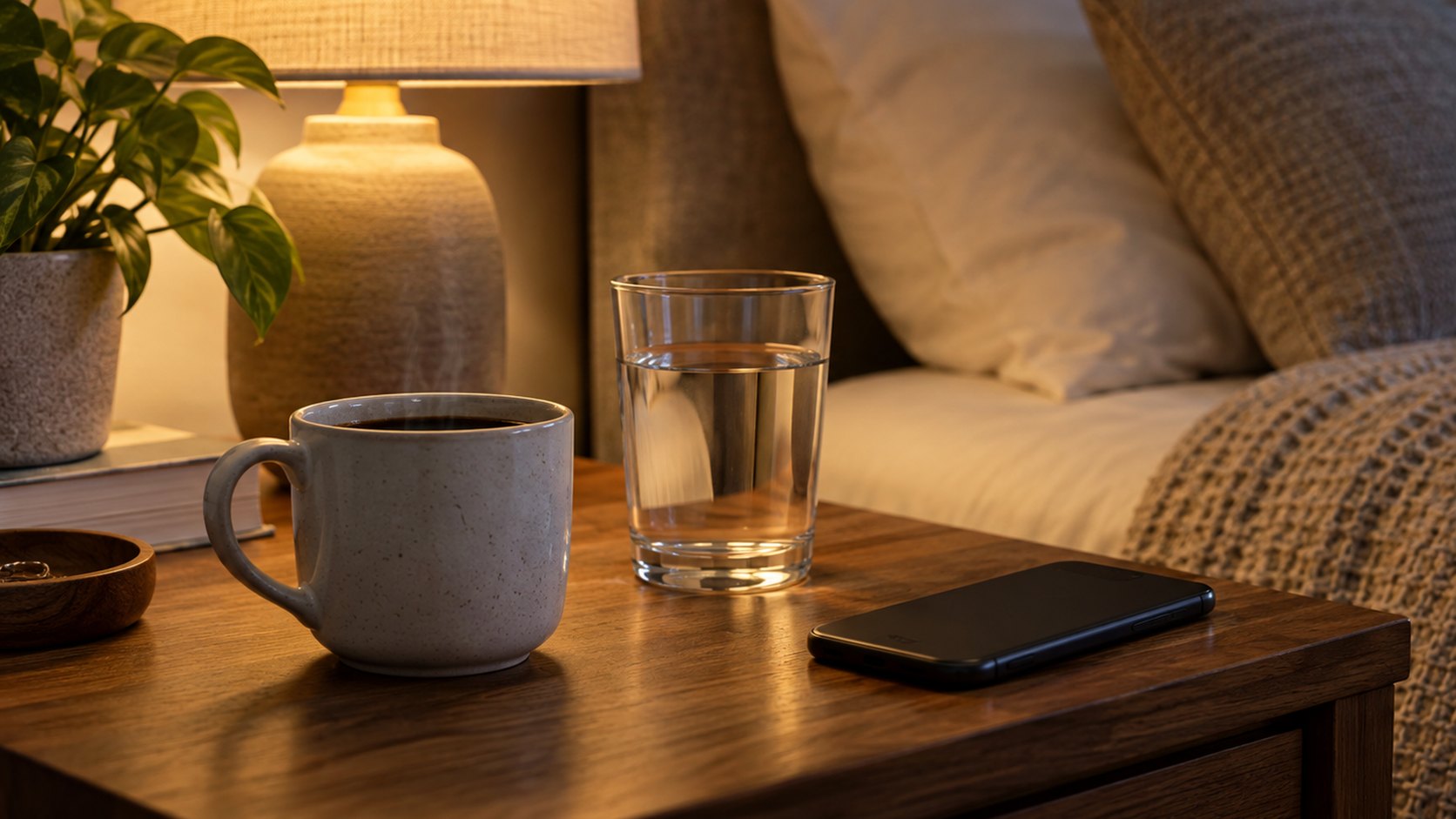 An unbranded coffee cup, a glass of water, and a phone with its screen dark sit on a bedside table.