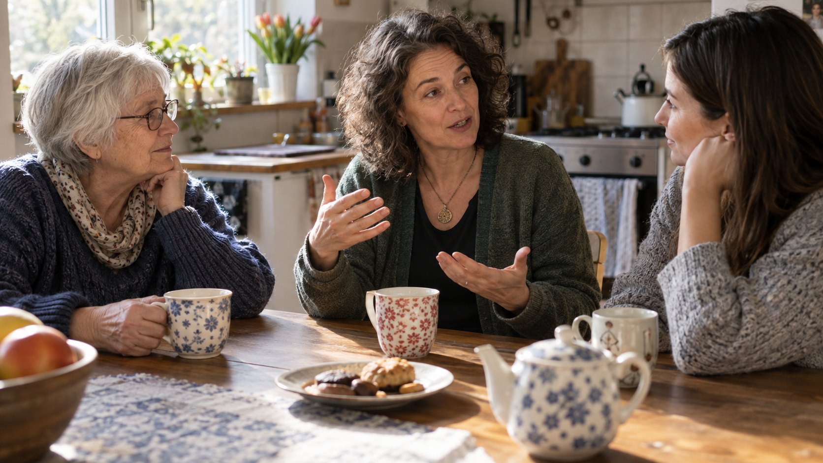 Three generations talk and listen around a kitchen table over tea.
