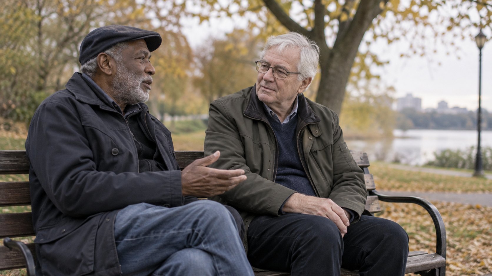 Two older friends sit together in quiet conversation on a park bench.