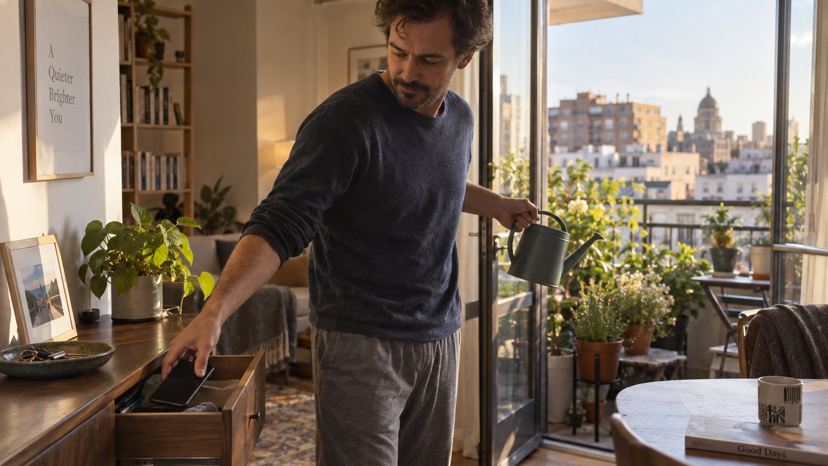 A man places his phone face-down and tends a plant in his apartment.