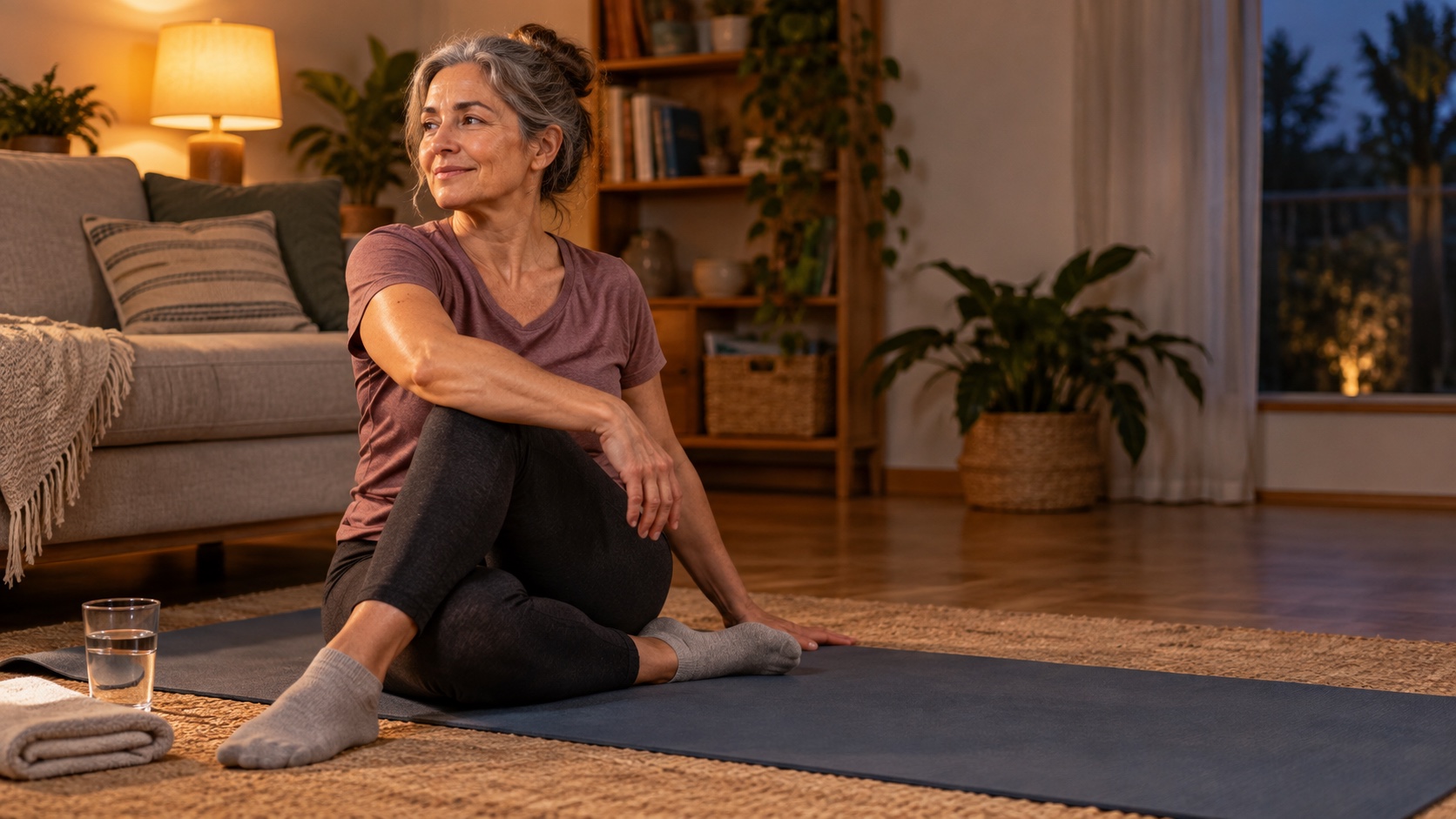 A woman stretches calmly on a mat in a warm-lit living room in the evening.