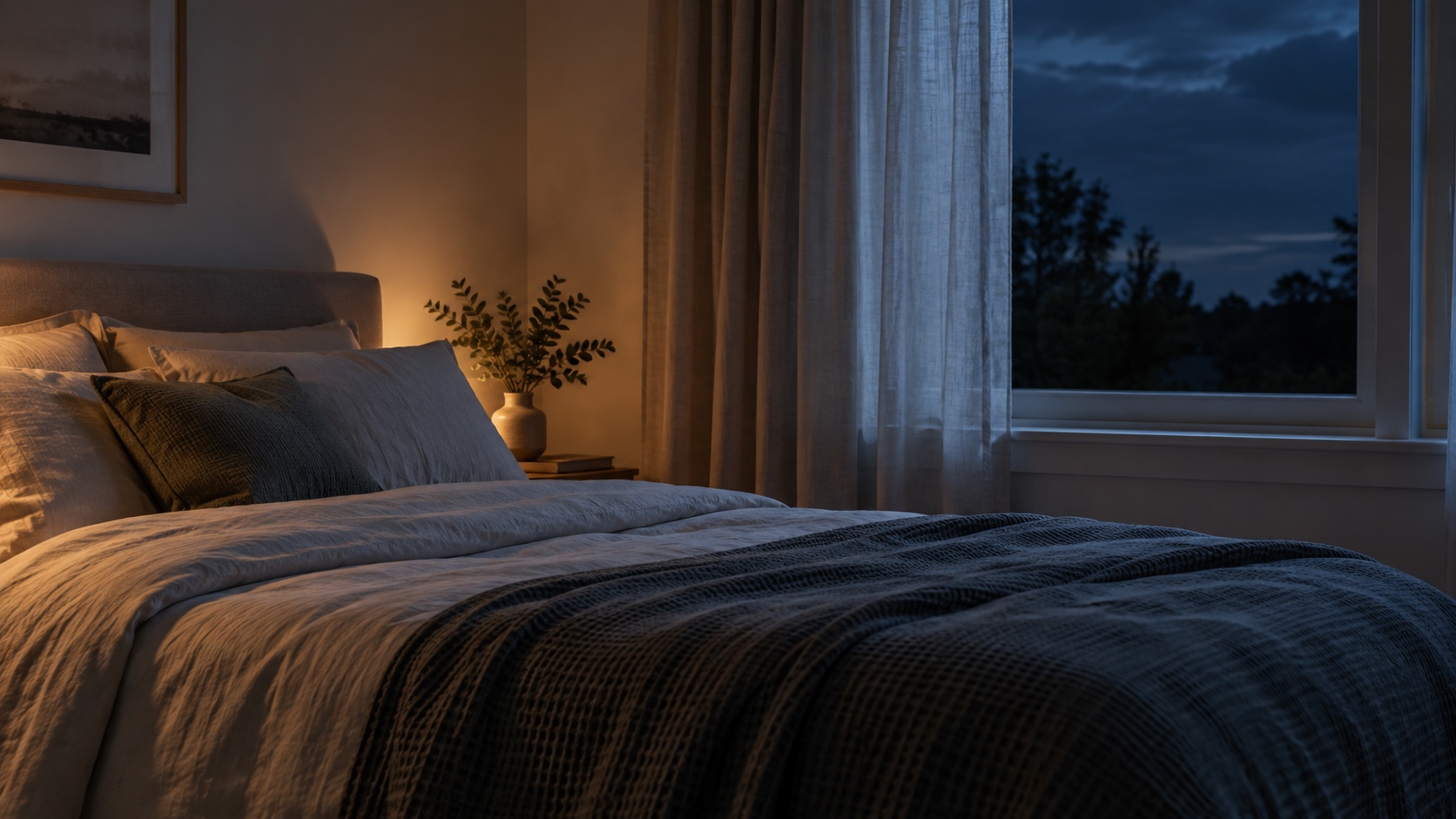 A bedroom window open to a cool night sky above a neatly made bed.