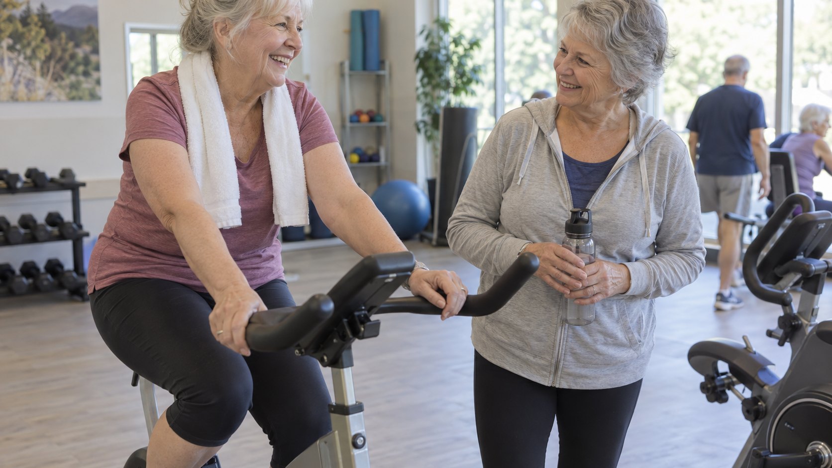 An older woman cycles slowly on a stationary bike in a community recreation room.