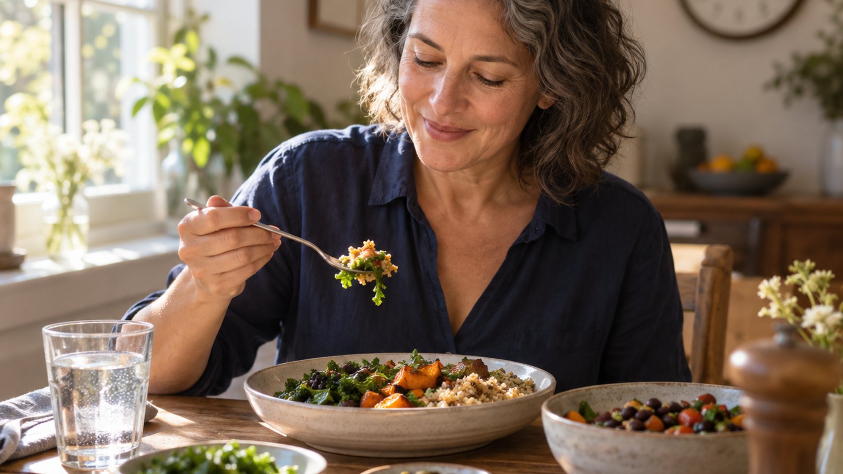 An adult sits down to a normal lunch at a home table with vegetables, grains, and beans.