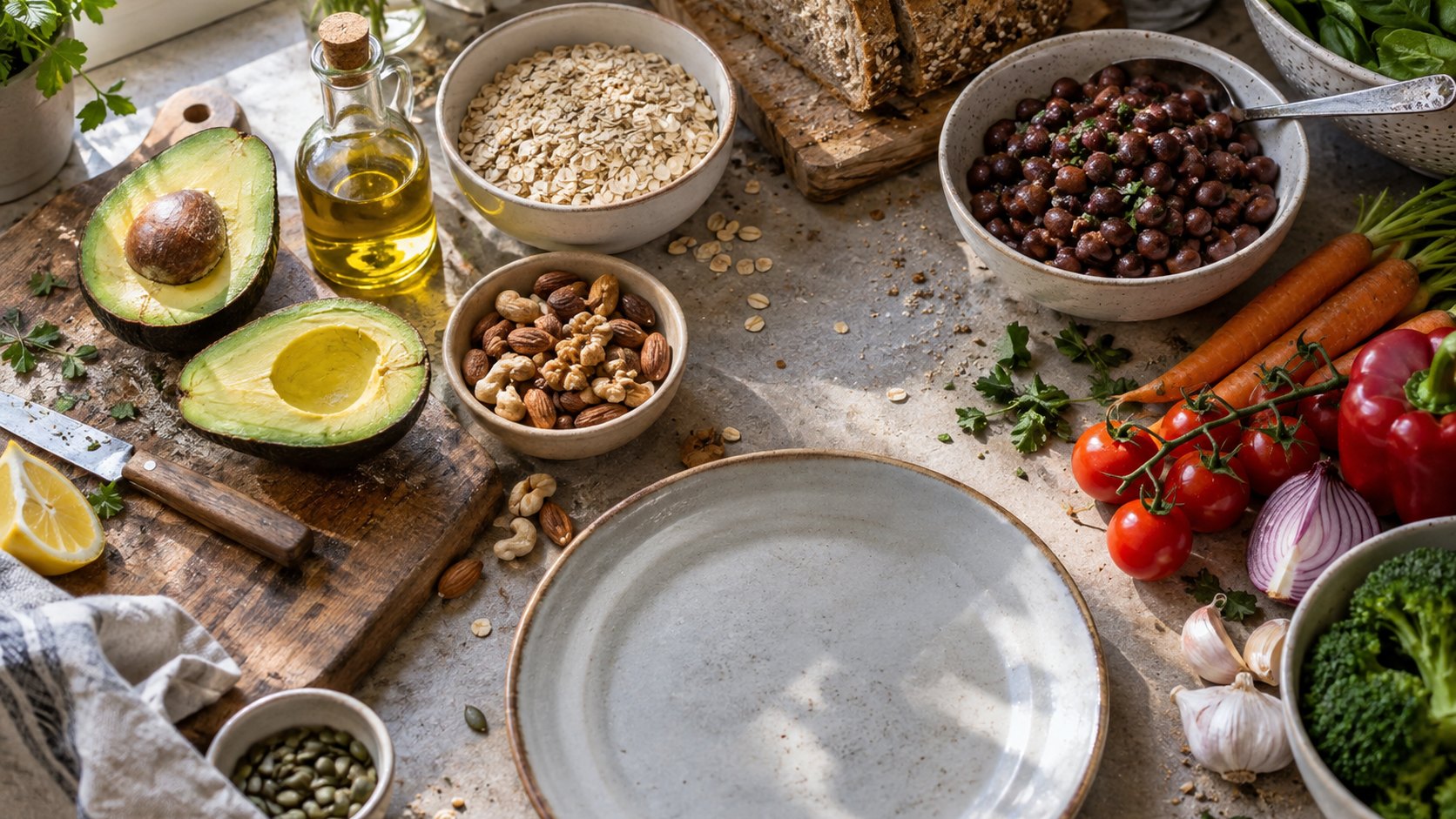 A home meal-prep surface with avocado, olive oil, nuts, oats, whole-grain bread, beans, and vegetables.