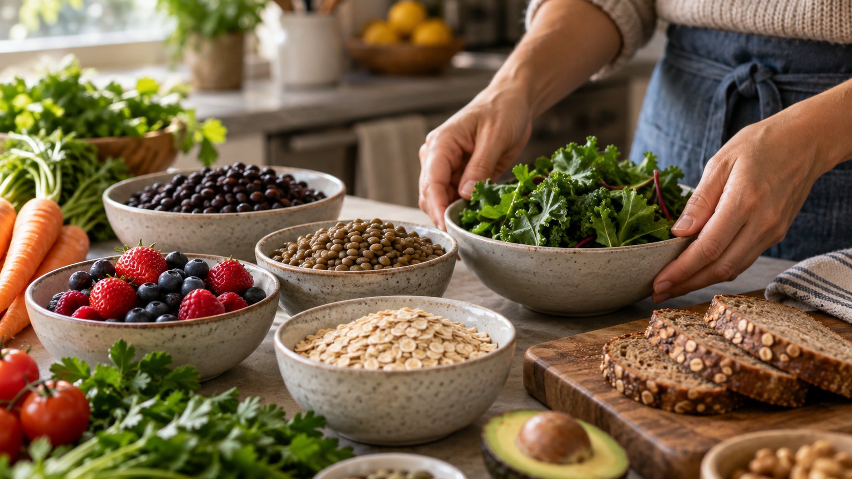 Hands arrange beans, lentils, oats, berries, greens, and whole-grain bread on a kitchen counter.