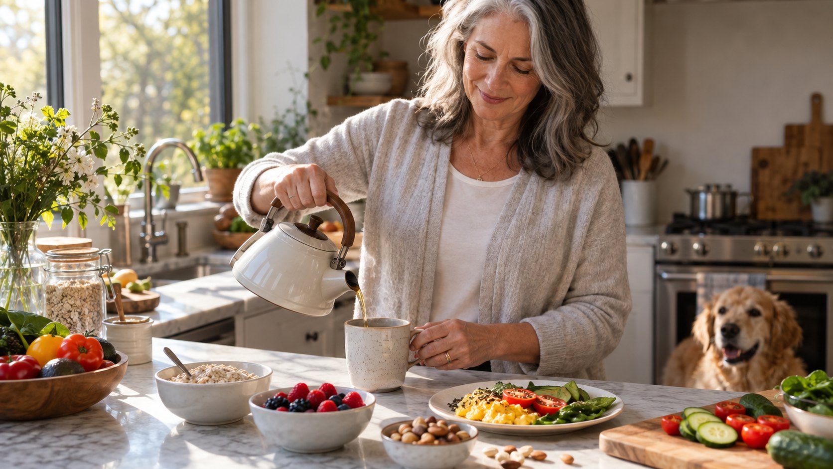 A woman prepares a balanced breakfast in a sunlit home kitchen.