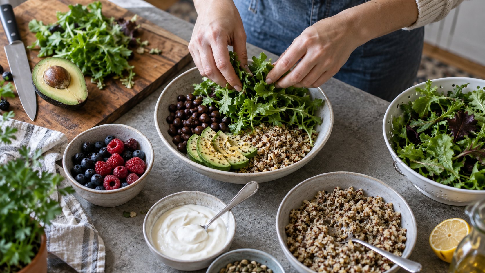 Hands prepare beans, leafy vegetables, whole grains, yogurt, and berries in a home kitchen.