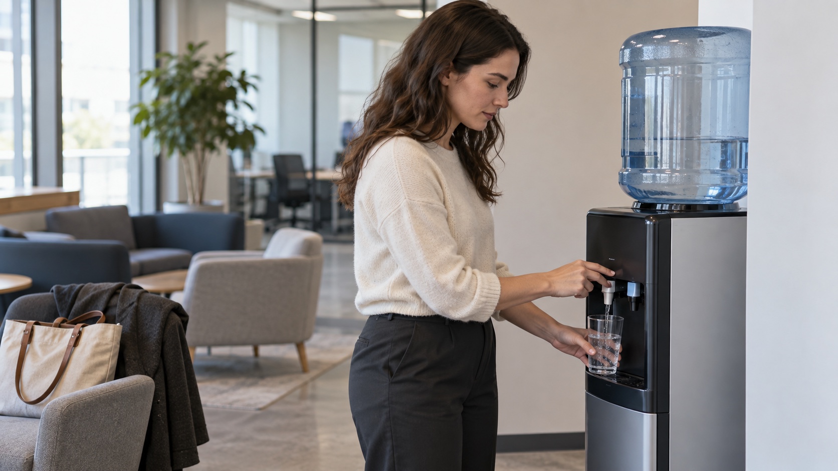 A woman fills a glass at a water dispenser in a workplace break area.