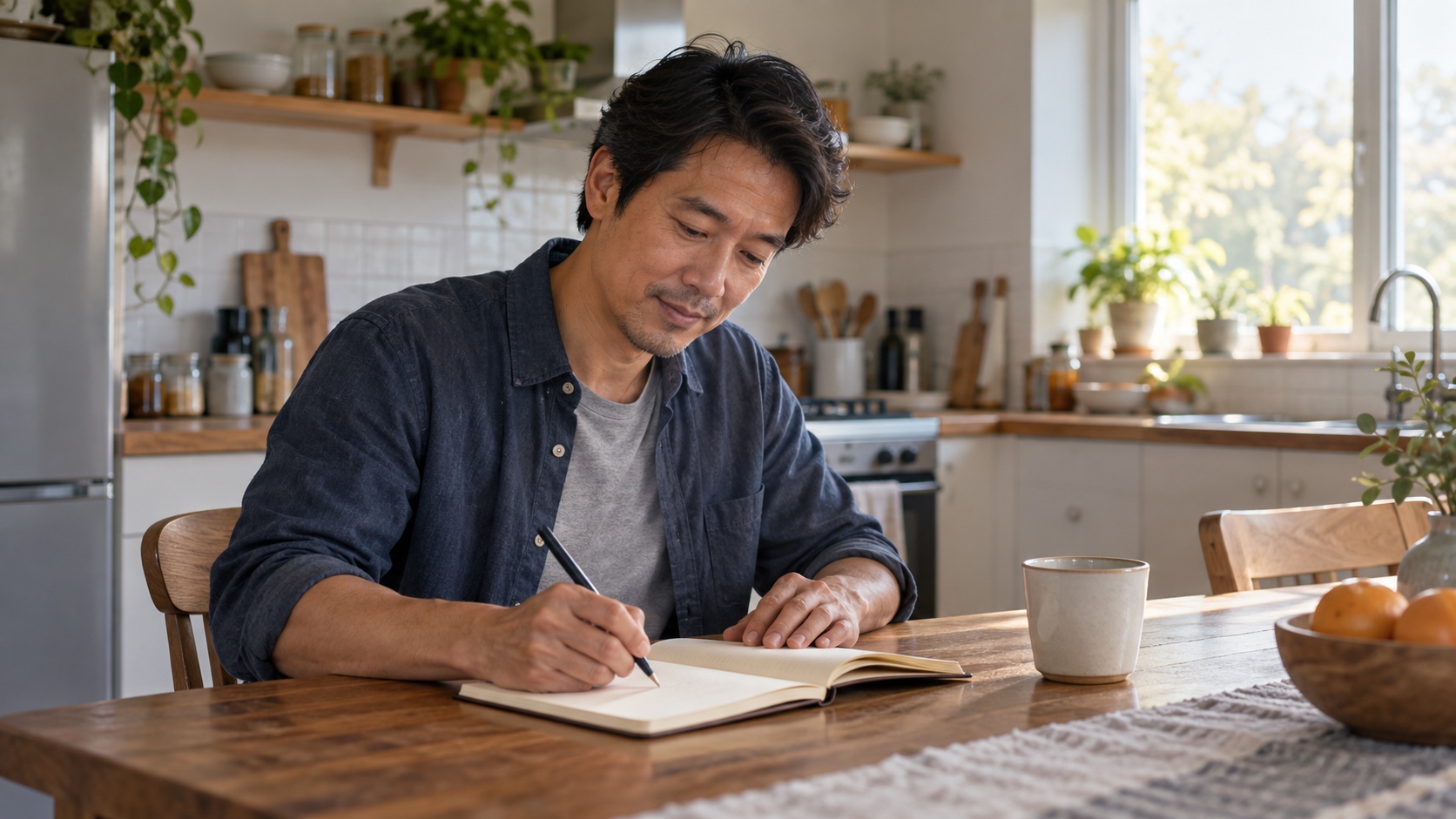 A man writes in a notebook at a kitchen table in morning light.