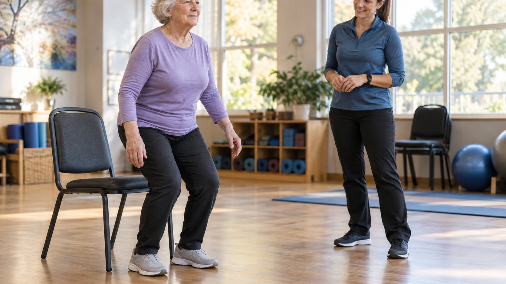 An older woman performs a balance assessment while a physical therapist observes.