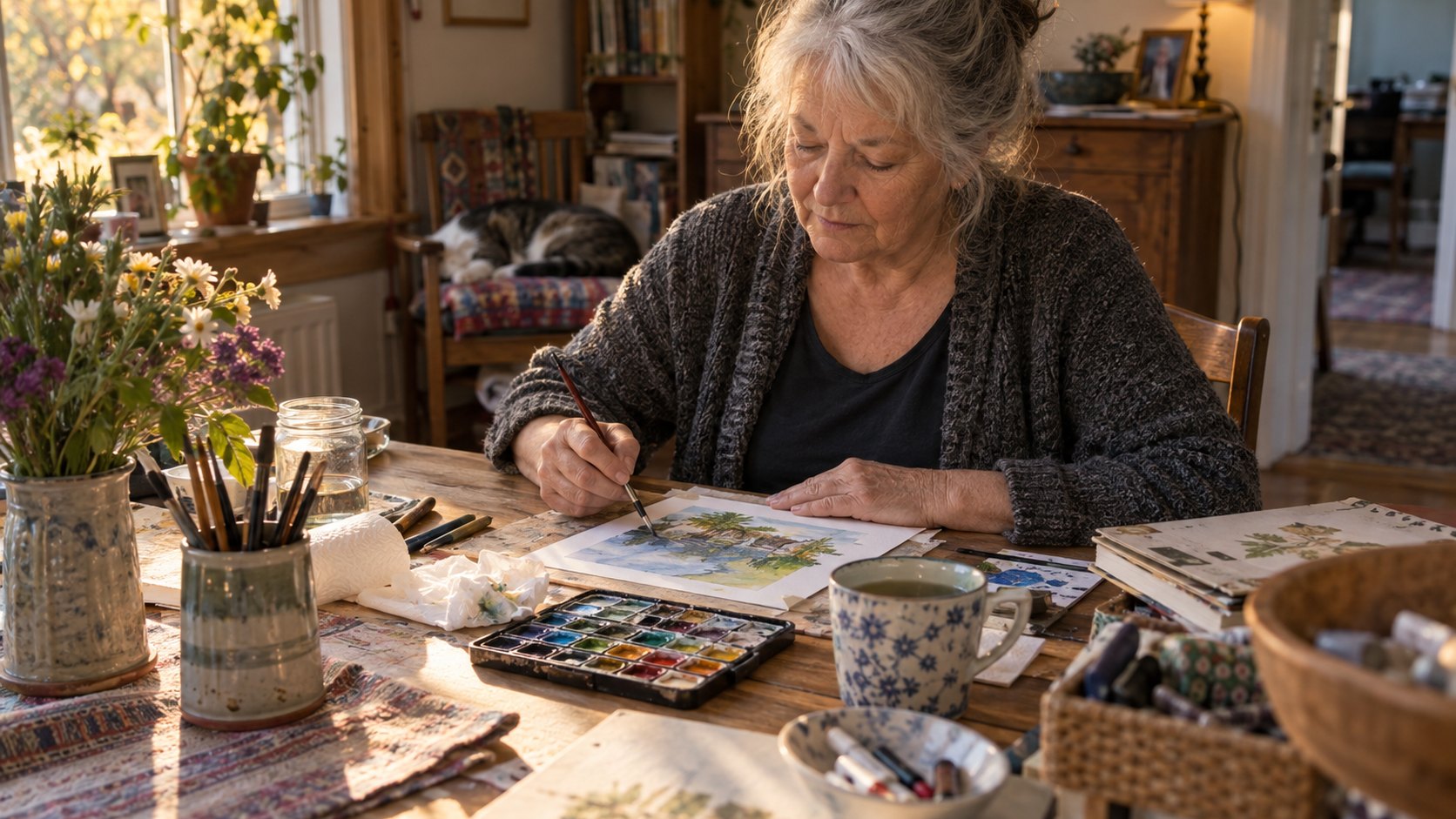 An older woman paints a small watercolor at a cozy home table.