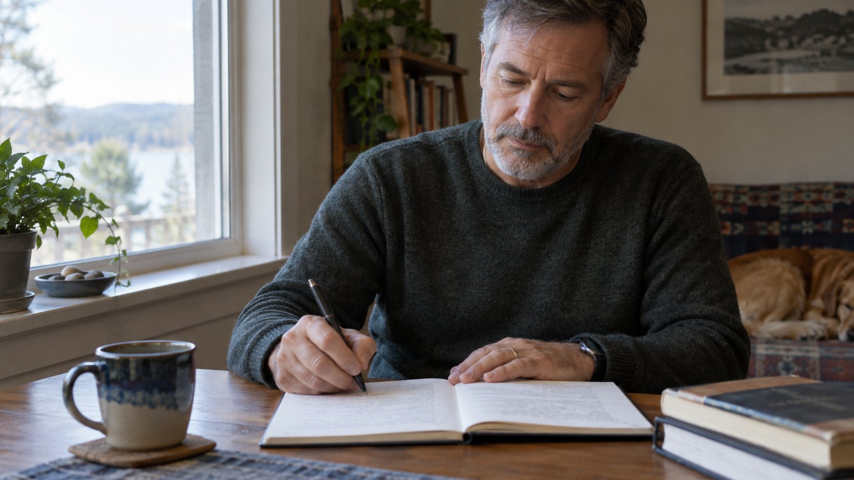 A man writes privately in a notebook at a quiet table by a window.