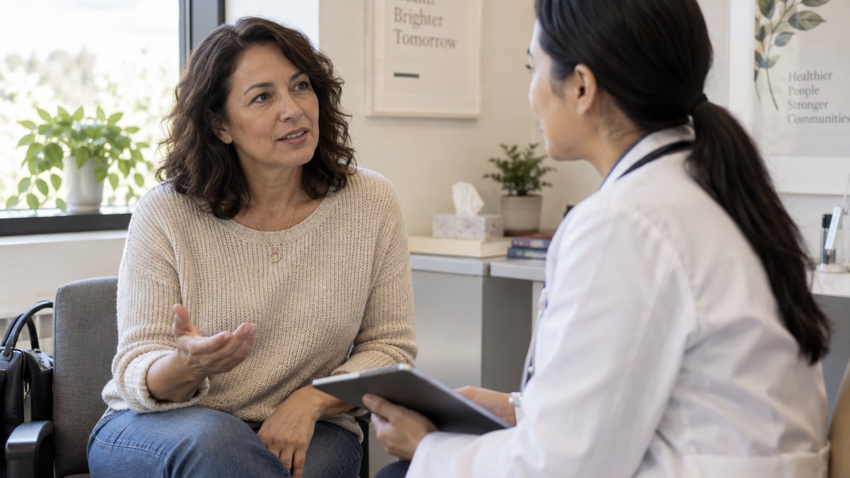 A woman asks a clinician a question during a calm primary-care conversation.