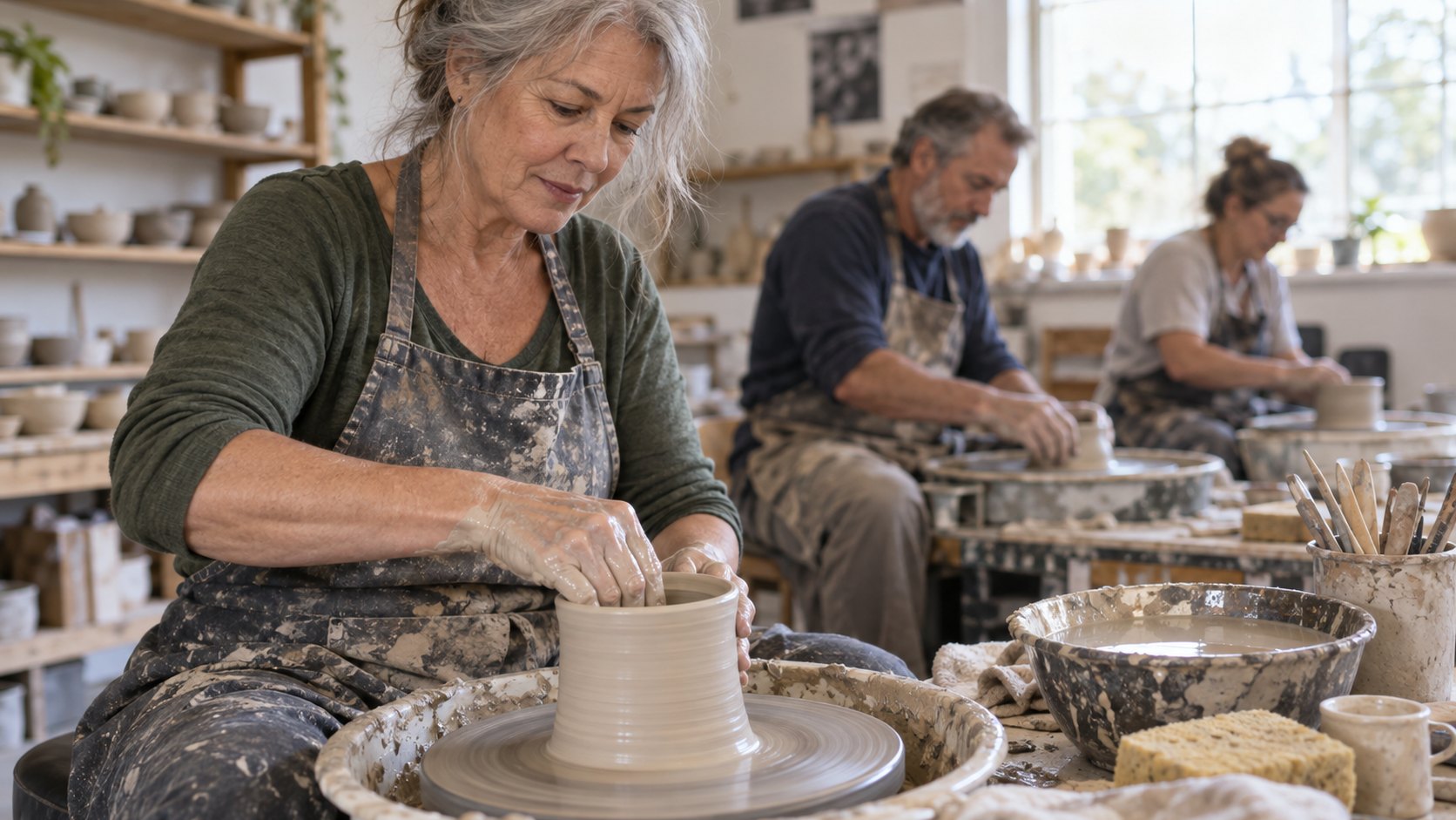 A woman shapes clay at a pottery wheel in an adult class.