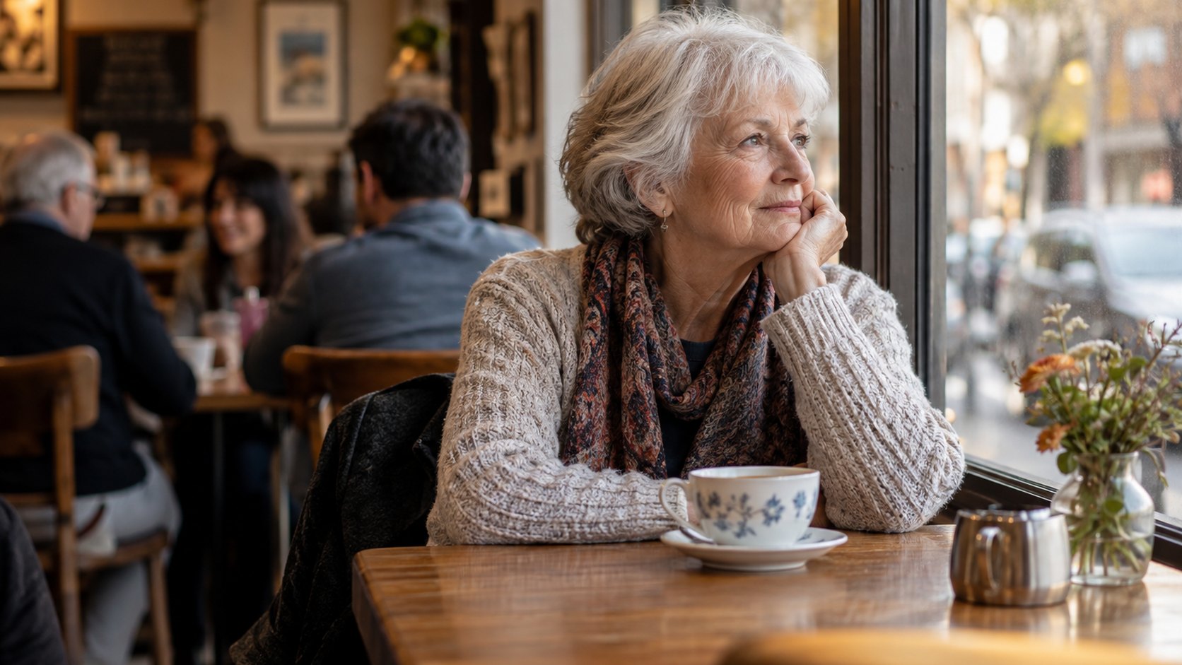 An older adult sits with tea at a café window, thoughtfully looking outside.