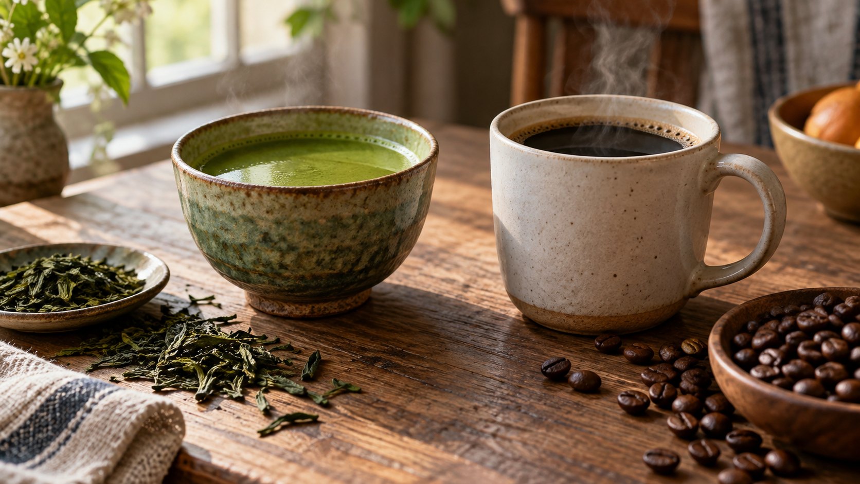 A ceramic cup of green tea and a cup of coffee sit on a wooden table.