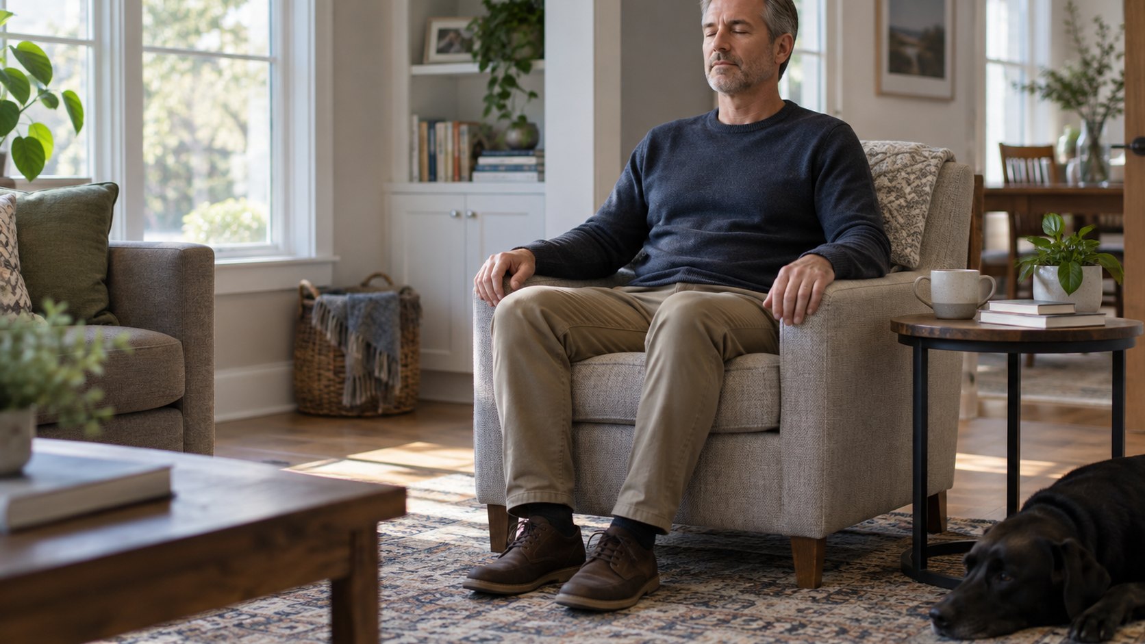 A man takes a quiet seated breathing pause in an ordinary living room.
