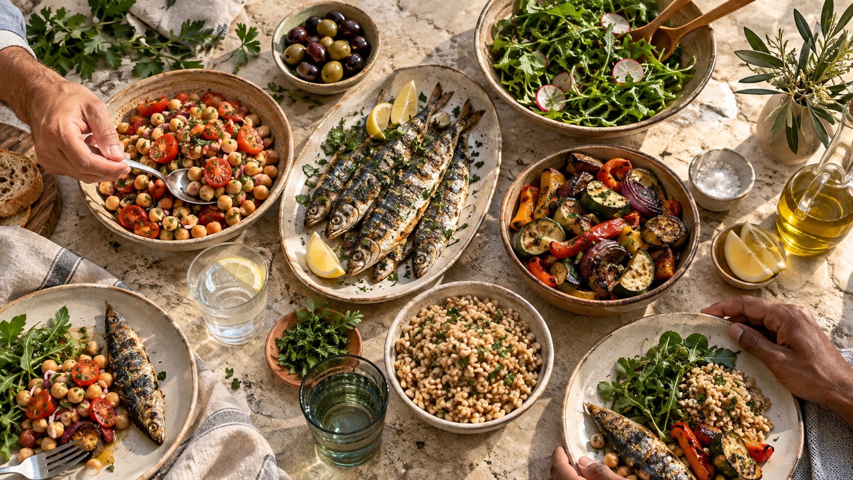 A shared meal with fish, beans, vegetables, grains, olives, and herbs on a stone table.