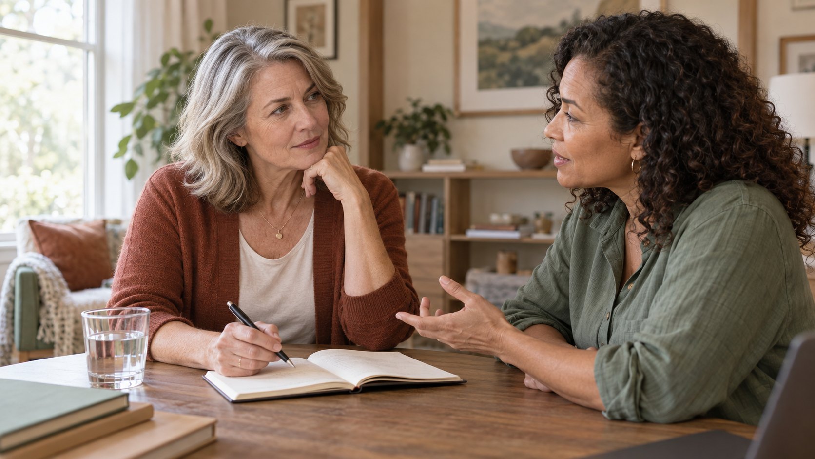 Two middle-aged women have a calm conversation over notes at a table.