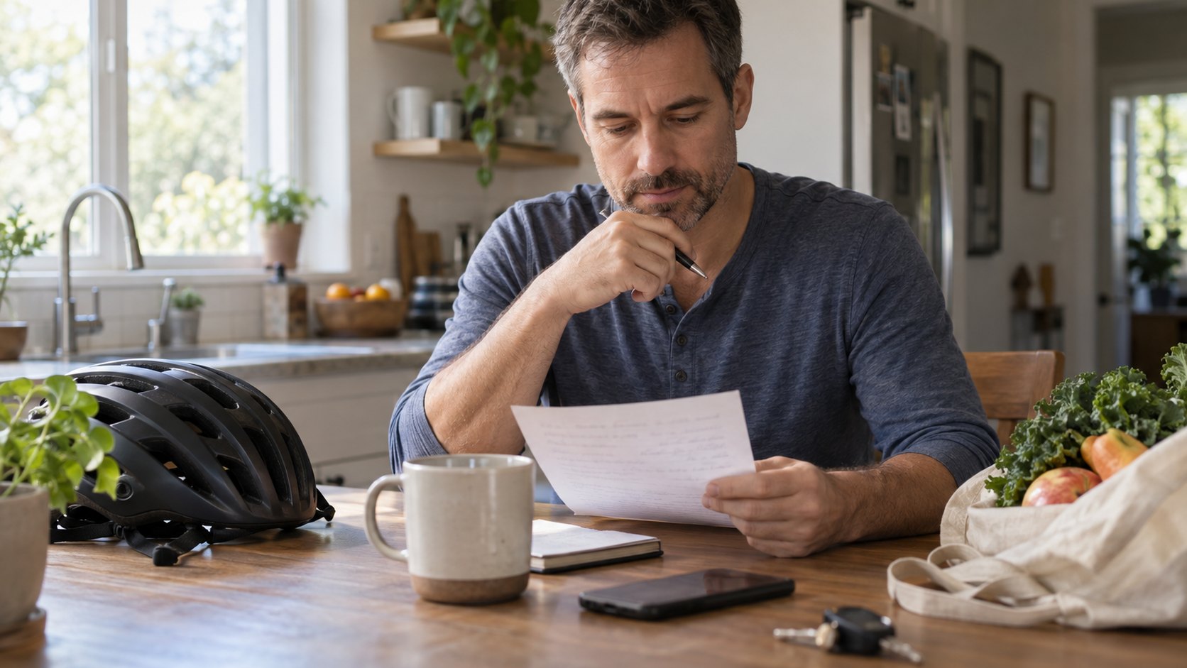 A man reviews a handwritten question list at a kitchen table before a preventive visit.