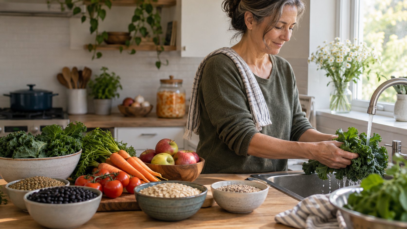 An adult rinses leafy vegetables beside beans, grains, and fresh produce in a kitchen.
