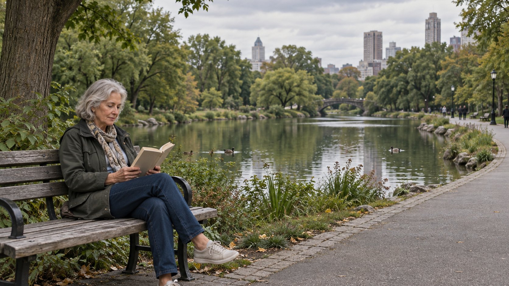 An older woman reads quietly beside a pond in a city park.