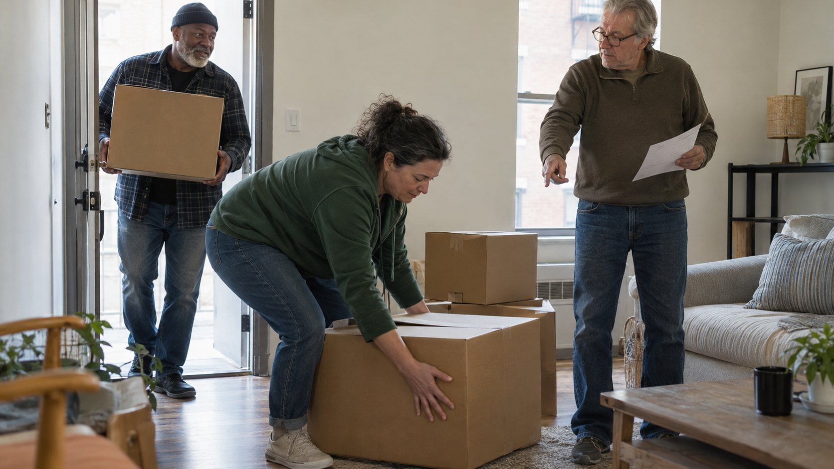 Three adults help a friend move boxes into a modest new apartment.