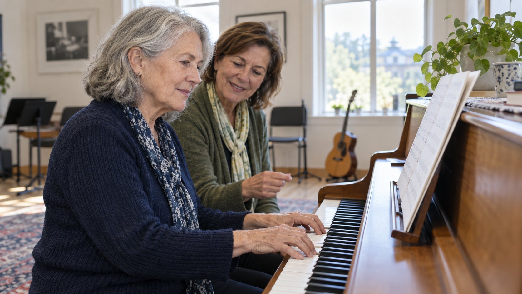 An older adult practices a keyboard instrument in a home music room.