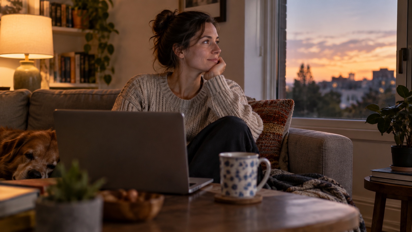 An adult sits near a laptop and window at dusk, with a lamp visible in the room.