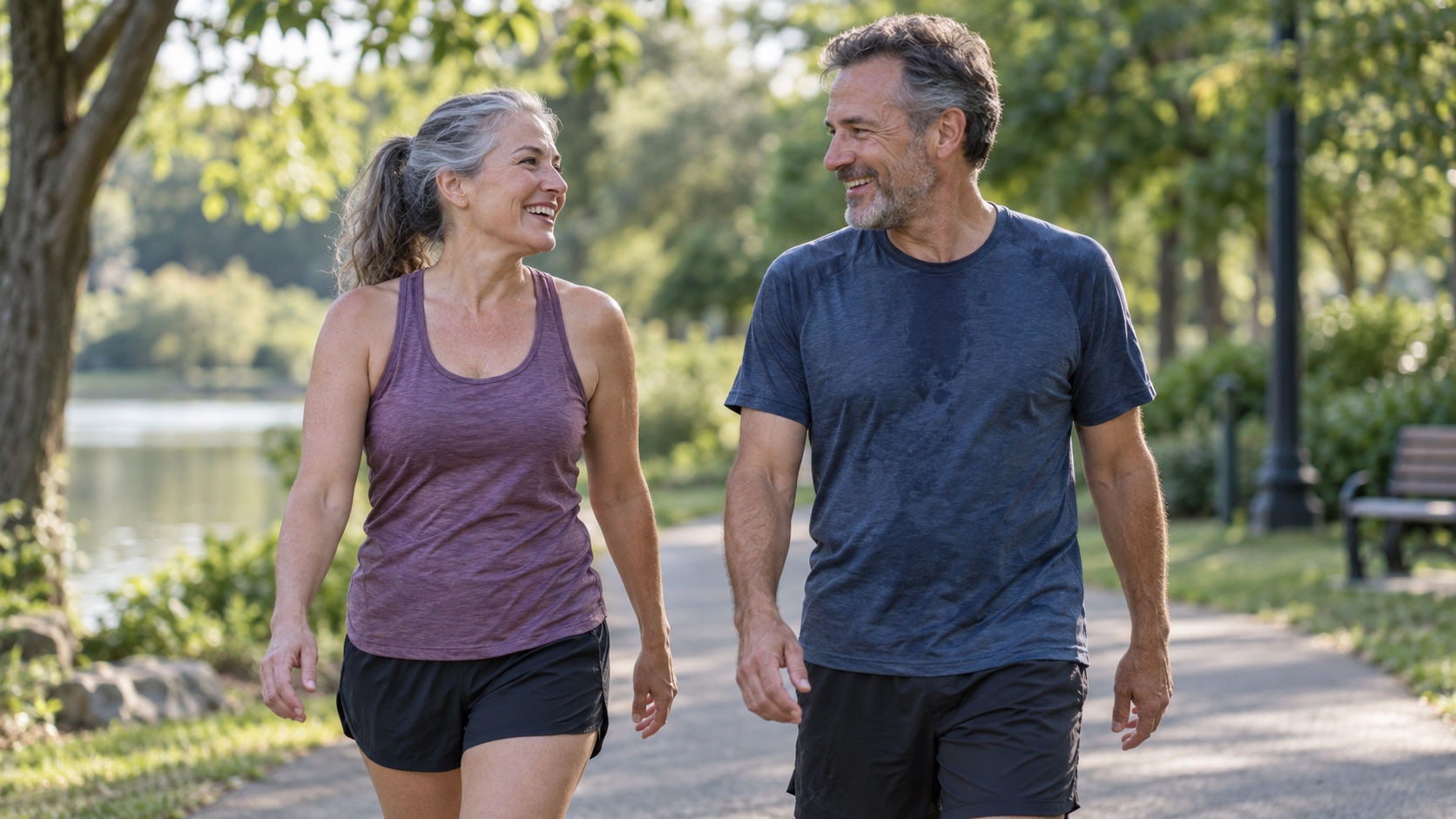 A recreational runner walks with a friend after exercise.