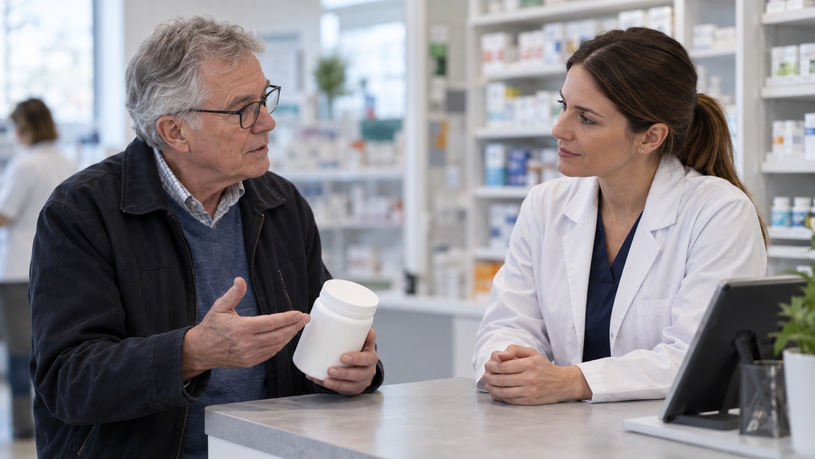 An older adult discusses a plain supplement container with a pharmacist.