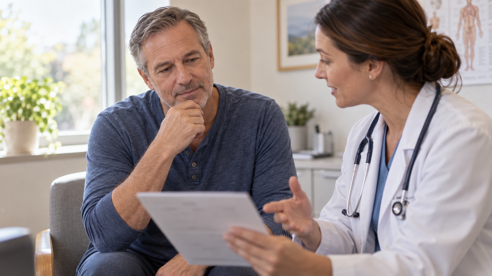 A man reviews an unreadable metabolic report with a clinician.