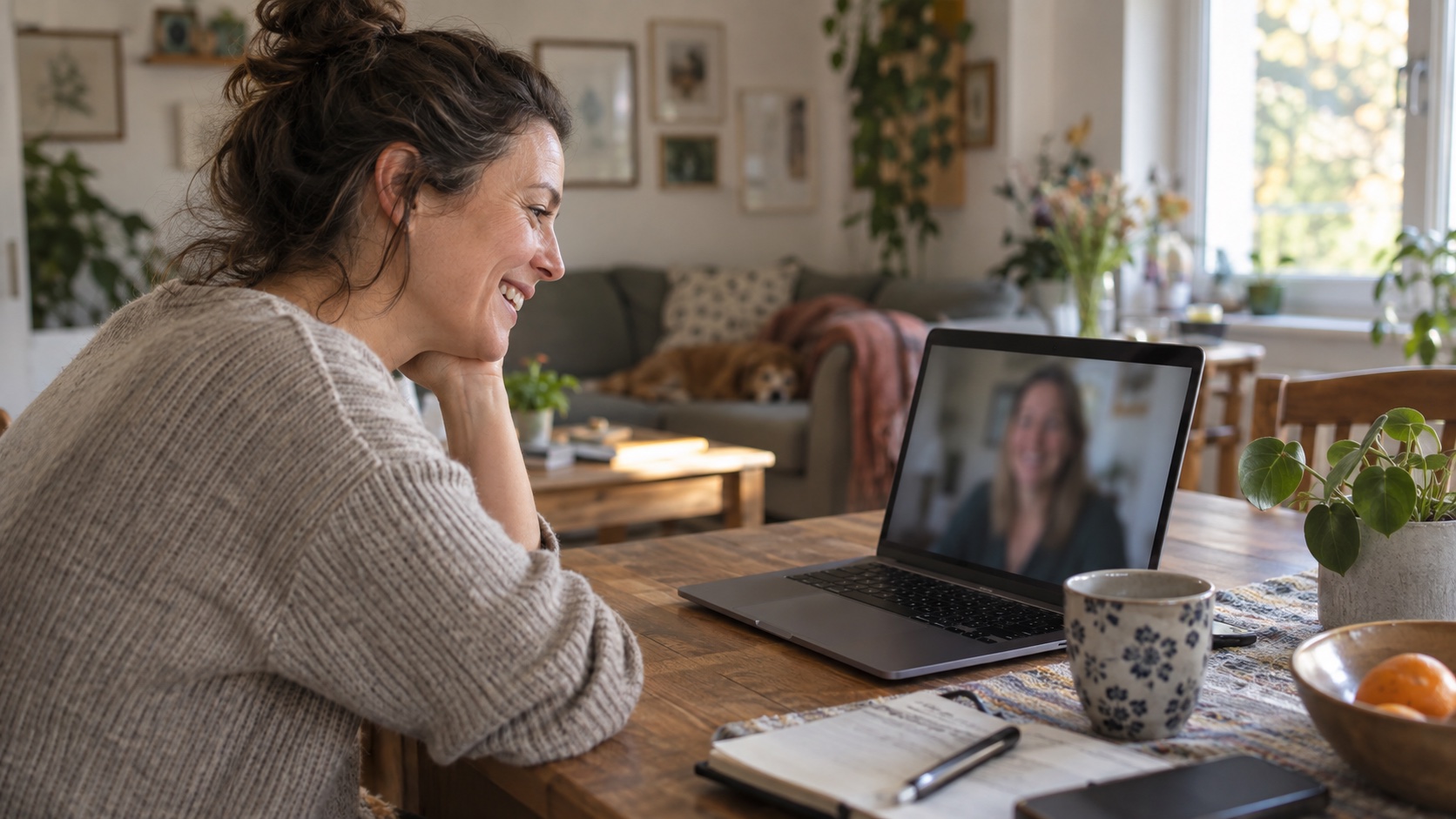 A woman speaks with a friend by video call at home.