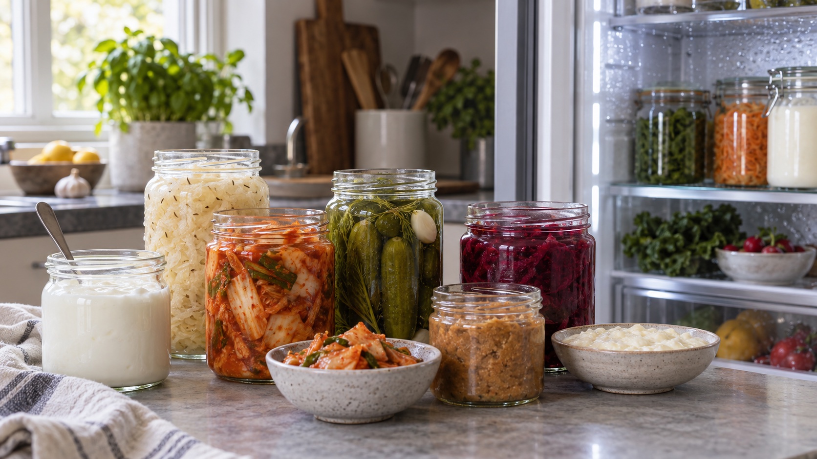 Jars of fermented foods sit near a refrigerator.