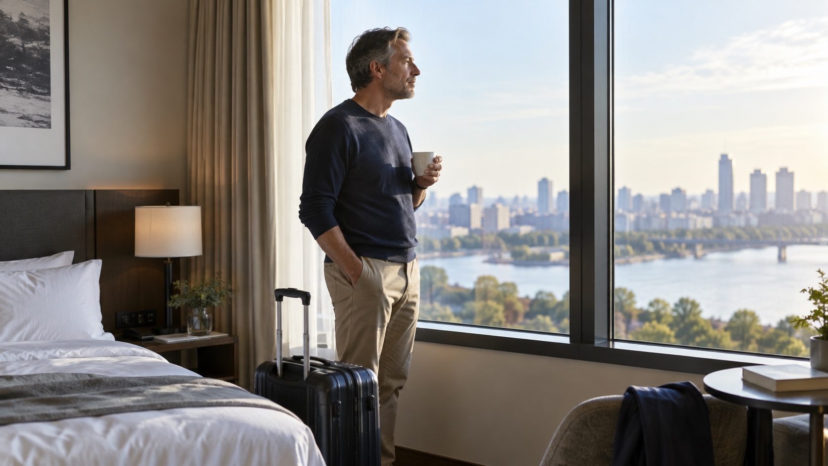 A traveler pauses by a hotel window with a suitcase nearby.
