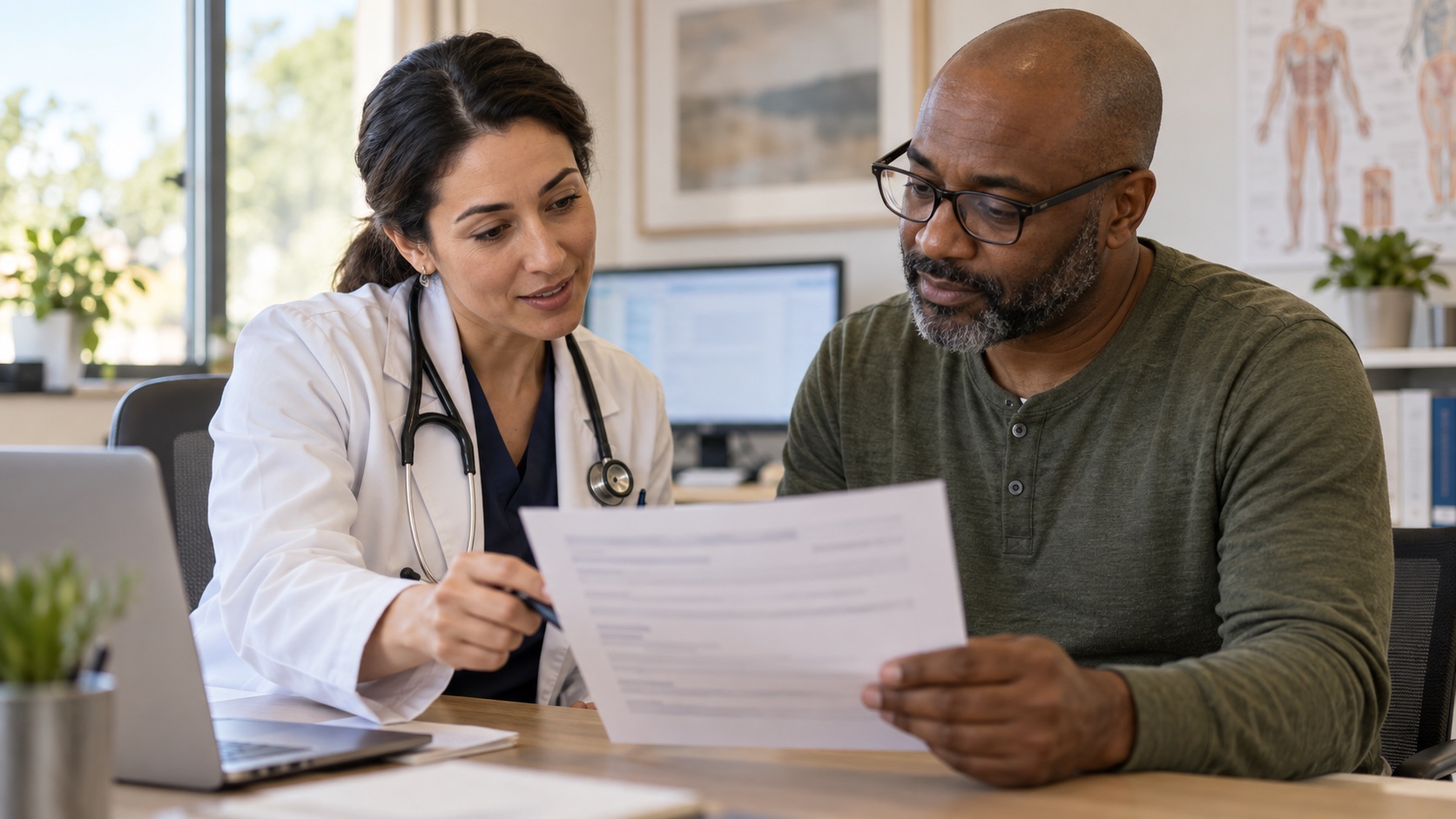 A clinician and patient review a blurred lab report.