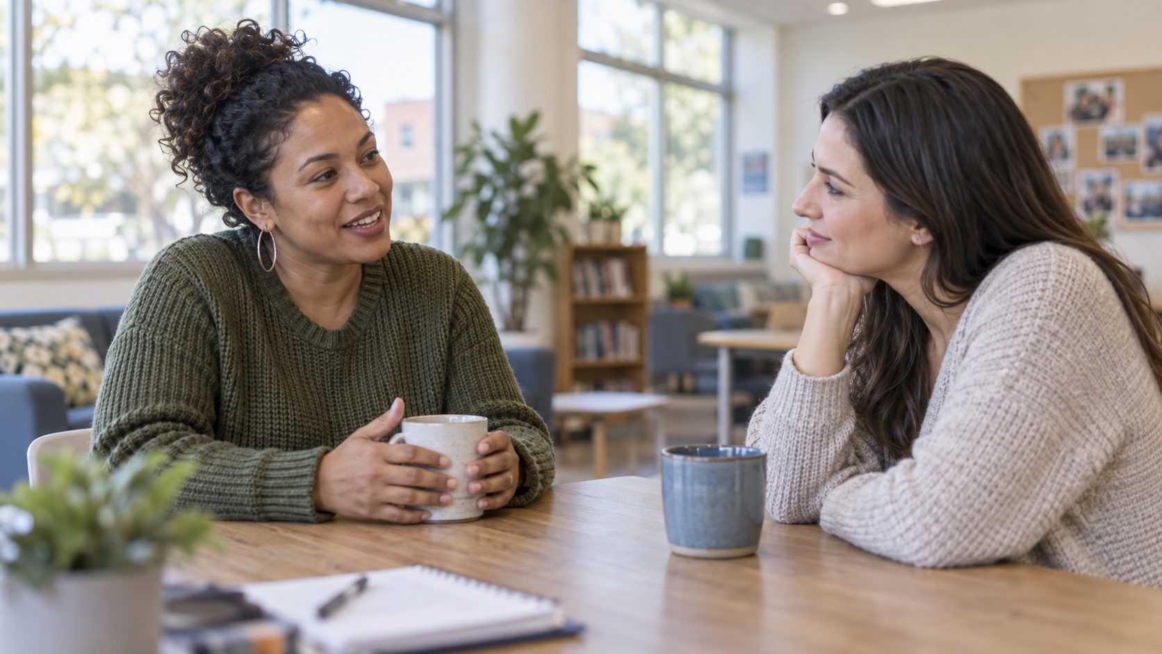 Two friends talk across a table in a bright room.