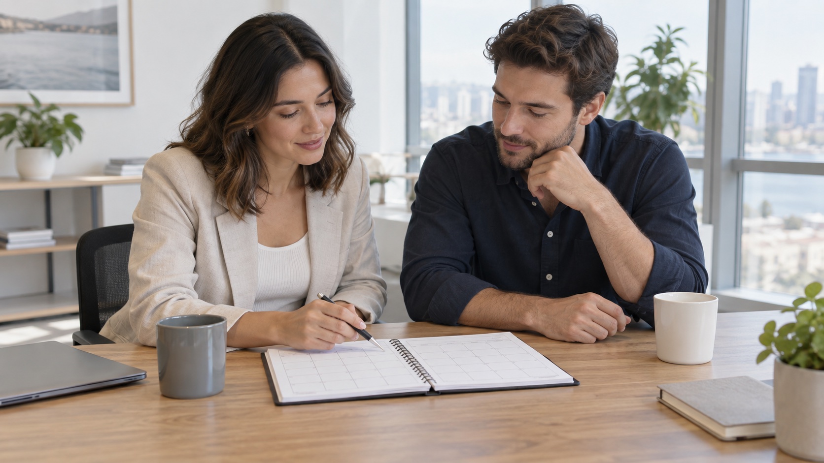 Two coworkers review a blank schedule at a table.