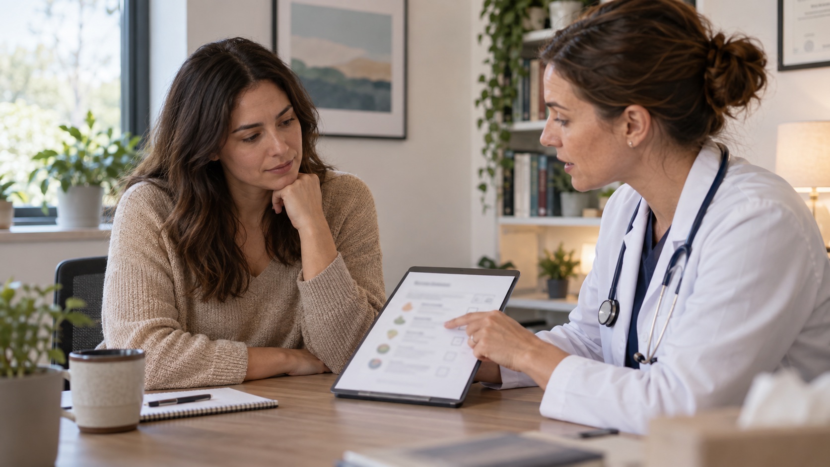 A woman discusses a blurred food and supplement list with a clinician.