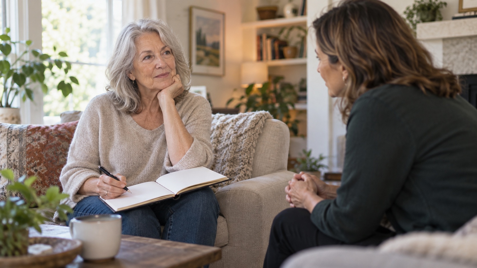 A woman reflects with a notebook during a conversation.