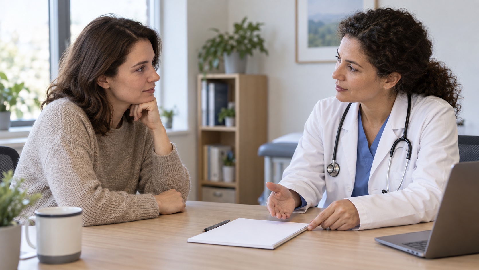 A person discusses fasting questions with a clinician.