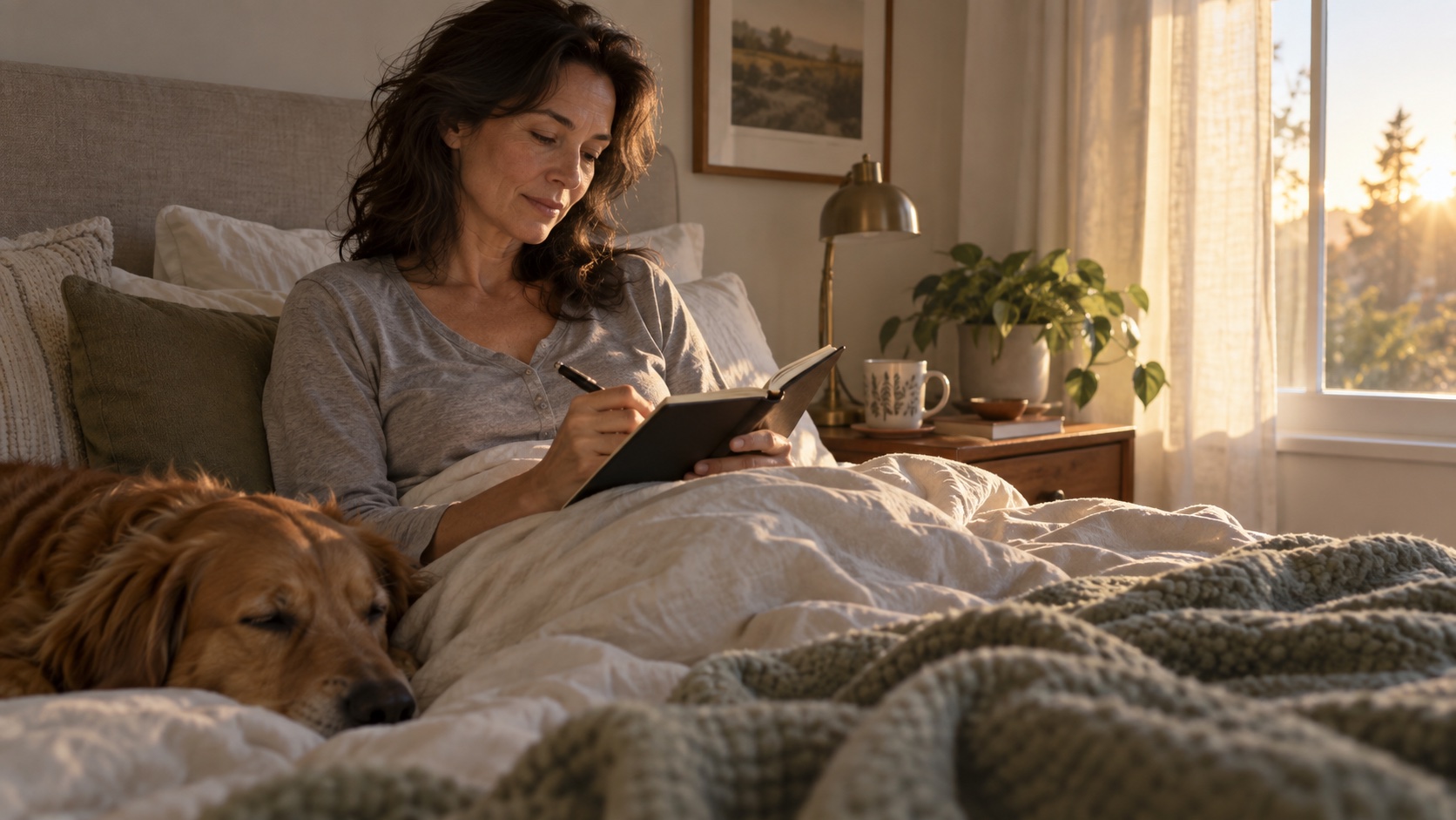 A person writes in an unreadable bedside journal at dawn.