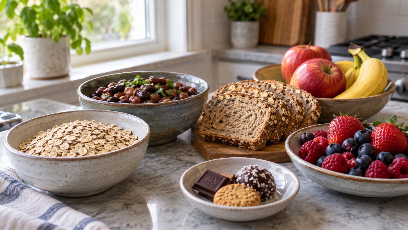 Oats, beans, bread, fruit, and sweets sit on a home counter.