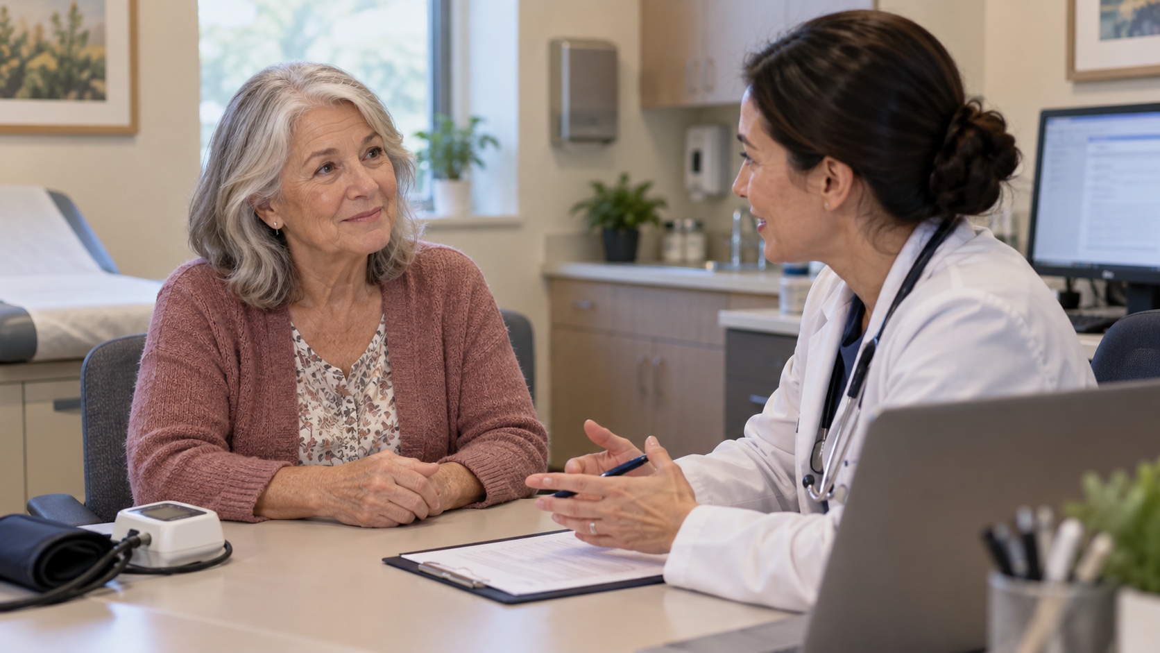 A woman discusses an unreadable blood-pressure chart with a clinician.