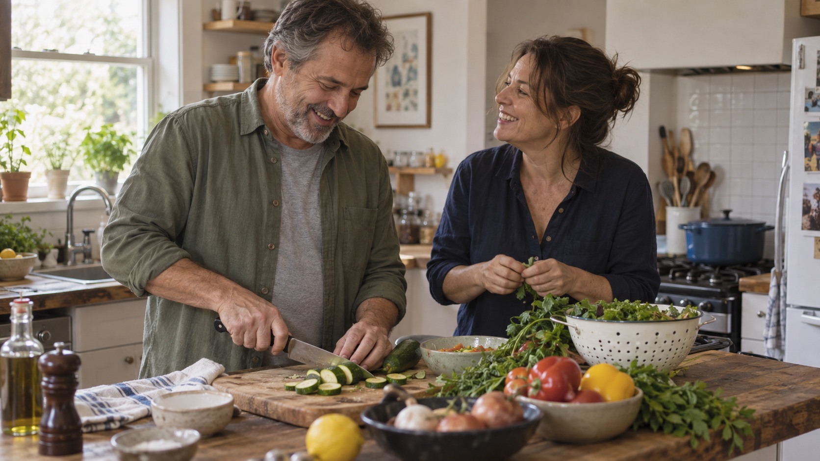 Two friends prepare a simple meal at home.