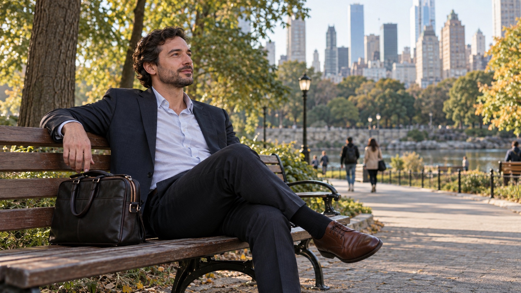 A person pauses outdoors after a workday.
