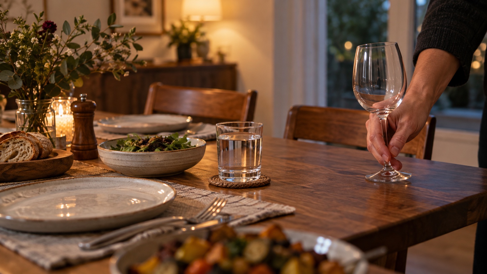 An adult moves an empty wine glass aside, leaving a separate glass of water on the table.