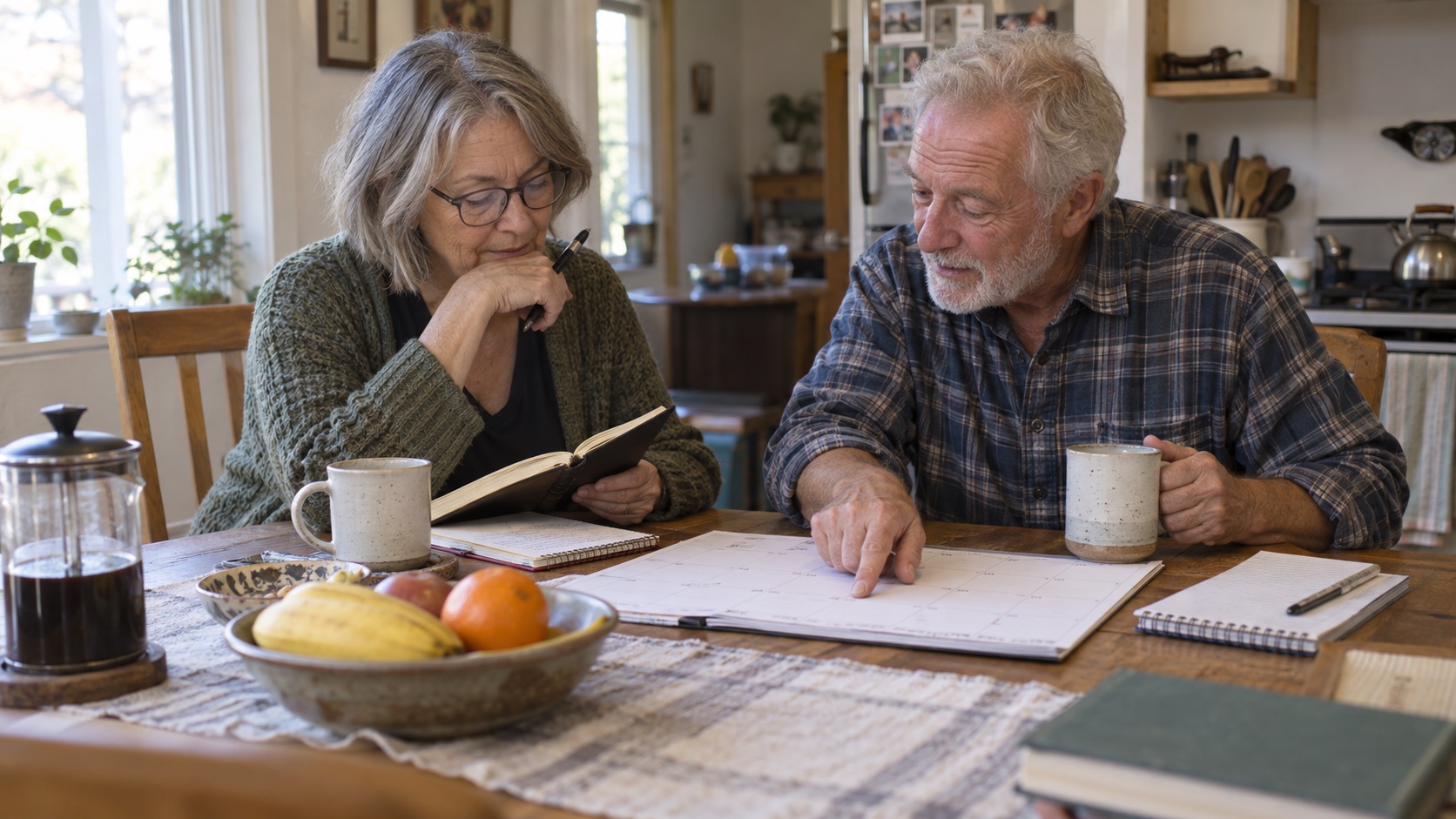 An older couple discuss plans over coffee.